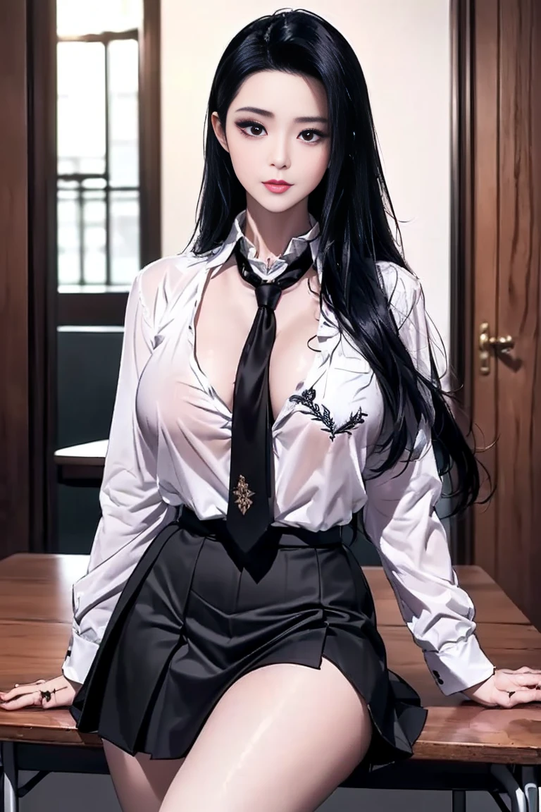 25 year old girl, Italian features, long loose black hair, super mega gigantic breasts, white shirt, black miniskirt, in the dungeon, tied to a torture chair, wearing a slave collar