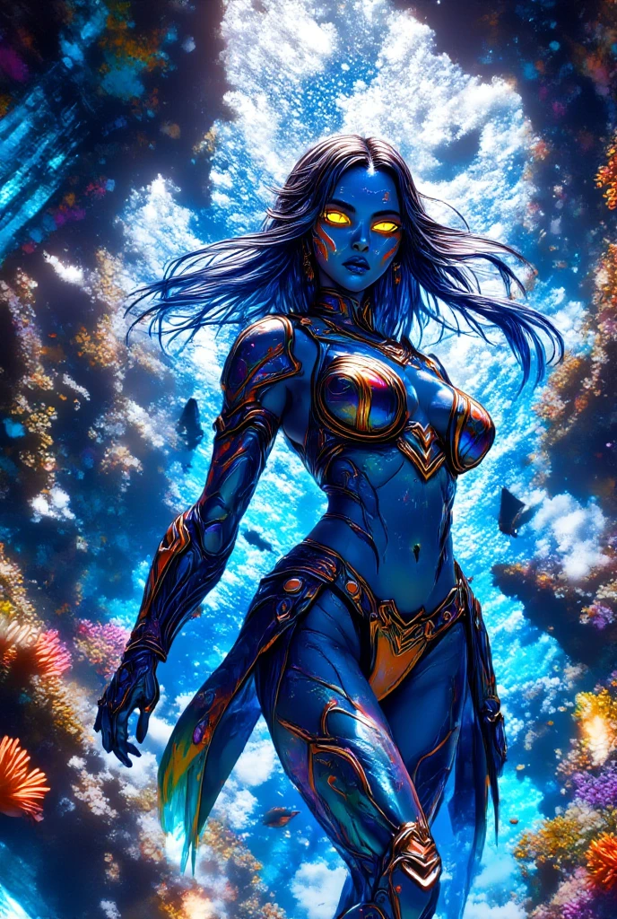 Princess Kida [Disney’s Atlantis], 20 years old, Fantasy hero art, Lightning goddess of Atlantis, NSFW sexy superhero poster, exposing her body and her power, underwater kingdom, sexy, princess, bright blue eyes crackling with electricity, intense seductive gaze, athletic hourglass body shape, huge tits, glowing blue veins, light grey skin, blue tinged skin, fantasy inhuman character, NSFW porn character, grey skin