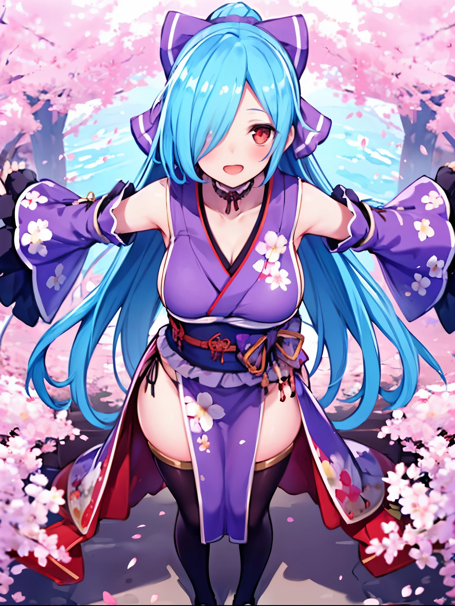 masterpiece, best quality, (1girl, solo),
yamato iori, 1ung_teirl, virtual youtuber, solo, gloves, bow, hair bow, long hair, hair over one eye, thighhighs, blue hair, fingerless gloves, red eyes, japanese clothes, full body, detached sleeves, ponytail, looking at viewer, black gloves, very long hair, (heavy&soft_large_breasts:1.4), purple bow, kimono, smile, open mouth, transparent background, standing, sash, obi, purple kimono
blush,cherry blossoms,
( outdoors, forest, upper body, dynamic pose, looking at viewer, ),plump,raise_arms,