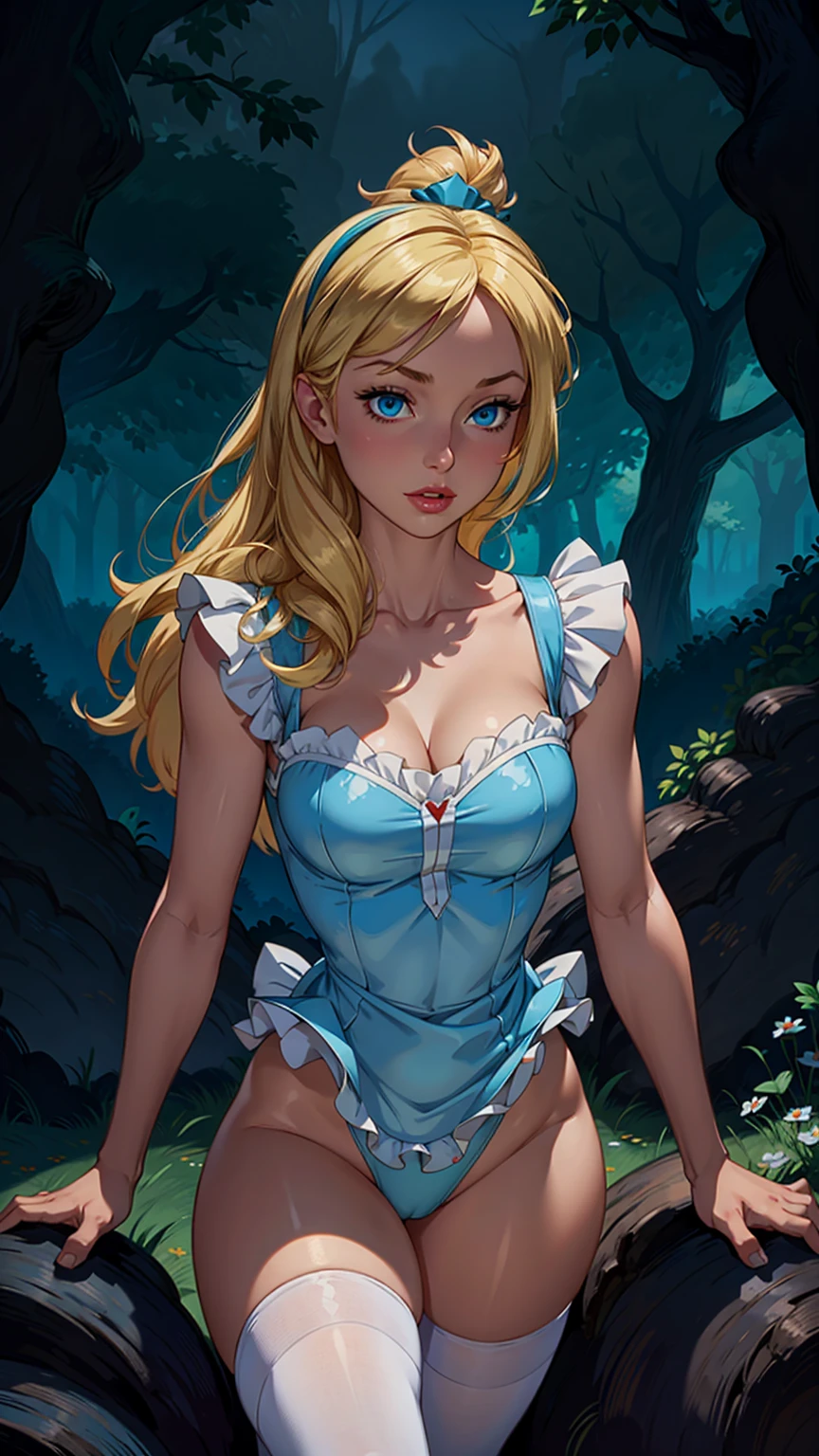 masterpiece, 1girl, solo, a cute Alice in Wonderland with blonde hair, powder blue dress with white apron, white stockings, cleavage, dynamic, ultra high def, 32k, (perfect anatomy:1.5), perfect legs, in the style of Artgerm and Adam Hughes, perfect arms, bimbo Alice, very sexy, nsfw, huge breasts, full body, tall platform pumps, white lace choker, seductive, sitting below a tree