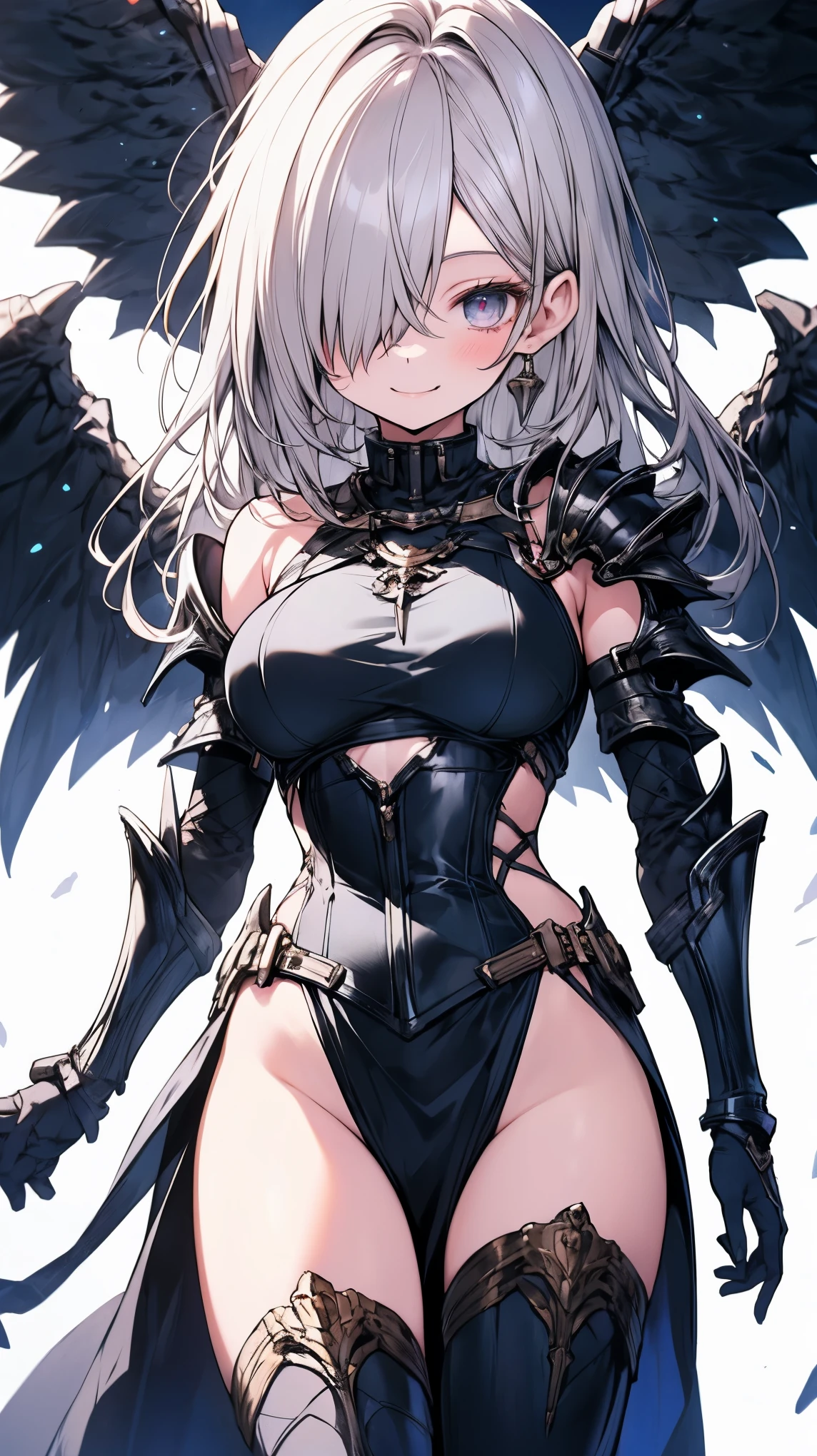 tmasterpiece,high high quality,1girll,Solo,huge tit,short detailed hair,(A half body:Above thighs),(hair between eye),(Hairstyles:Elf short hair),Devil Wings,Disappointed face,looking at viewert,