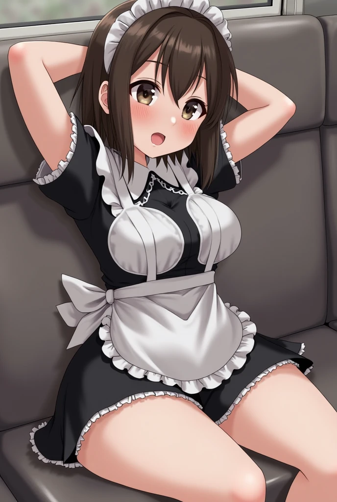 1girl, aster nemesis, dark-skinned female, black hair, very long hair, yellow eyes, flat chest , twin tails, looking at viewer, , , tanned body,grin, ,,8yo,,smile,,(spoken heart),(((maid costume))),miniskirt,thighhighs,,mansion,(((erect penis,tomboy)))