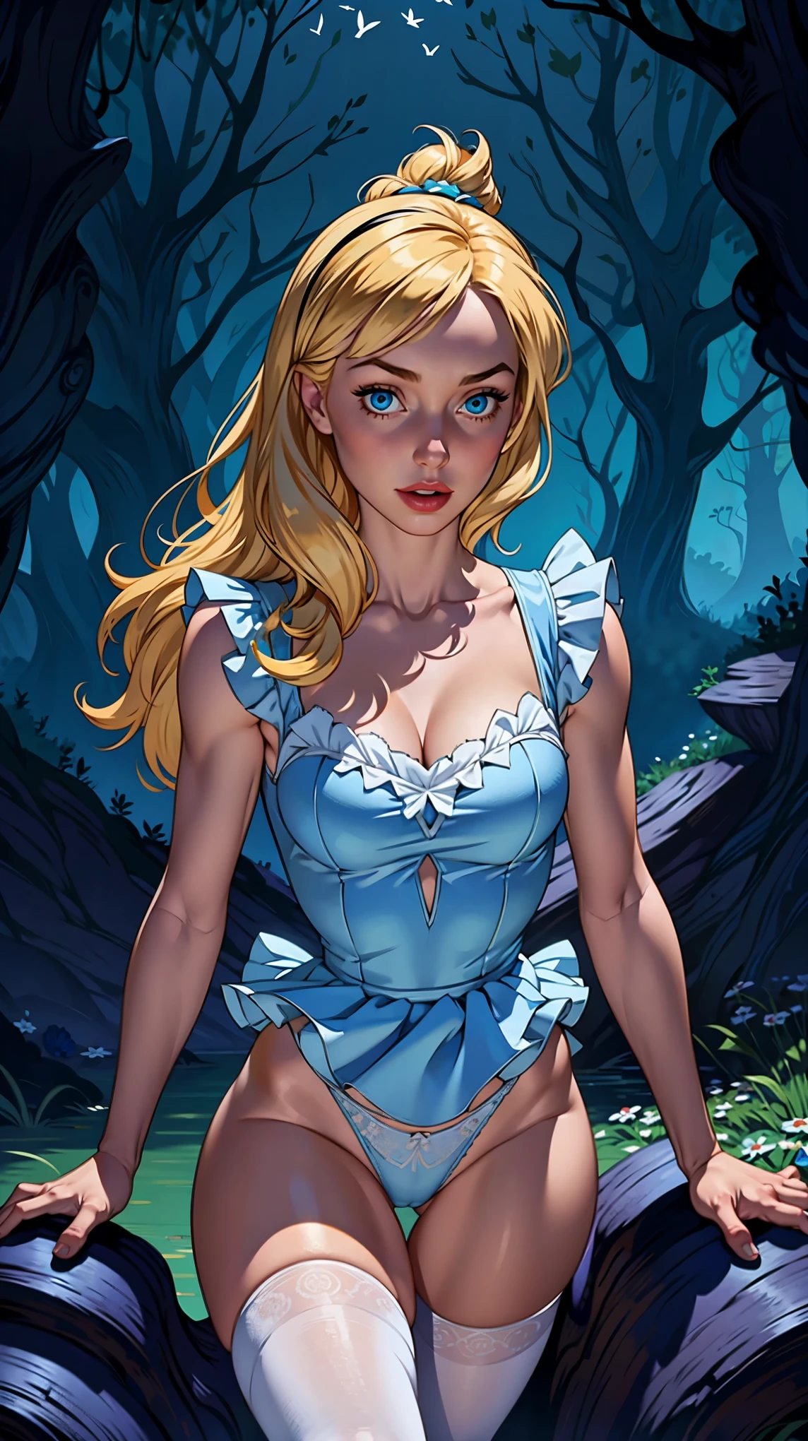 Alice Wonderland, Short transparent blue dress , showing panties, Masterpiece, Best Quality, Large breasts, Blue eyes, Blonde Hair, Looking at viewer,