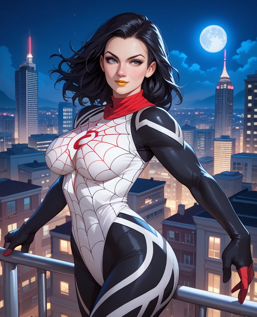 spider-woman in suit, black hair, blue eyes, large breasts, wide hips, thick thighs, no teeth, beautiful face, muscles, abs, ray traced, red lipstick