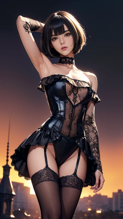 The entire leg must be displayed in its entirety,Extra-long gloves must be worn,Miniskirts must be worn,Stockings are mandatory,High heels must be worn,Must be a full-body image,anatomy correct,(realisticlying,tmasterpiece,The best quality,hyper HD,The is very detailed,cinmatic lighting)