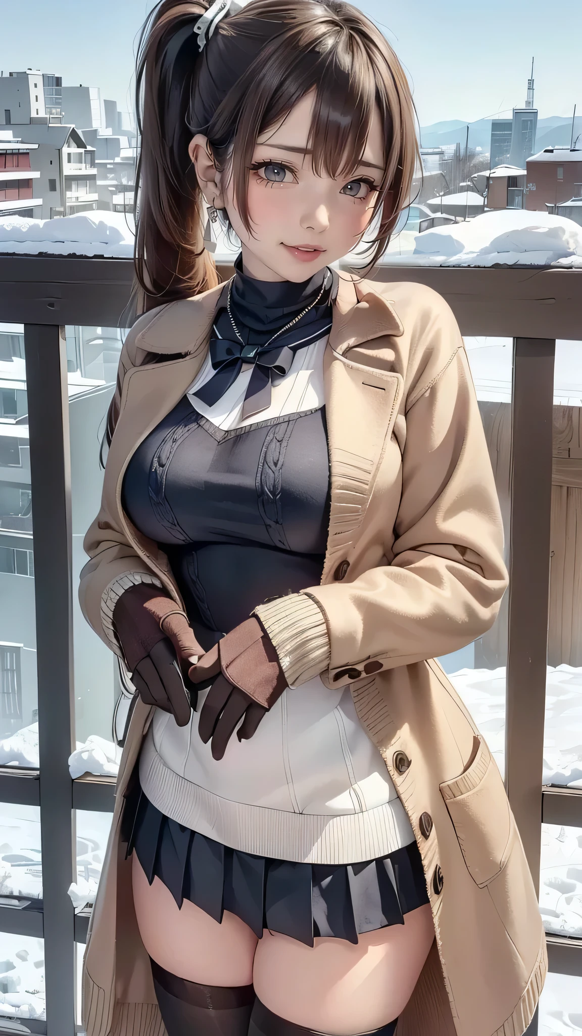 ((((, , perfect anatomy, super detailed skin)))), 1 girl, japanese, ************, shiny skin, large breasts:0.5, watching the view, (smile:1.5),
beautiful hair, beautiful face, beautiful detailed eyes, (middle hair:1.7, side ponytail:1.4),
beautiful clavicle, beautiful body, beautiful chest, beautiful thigh, beautiful legs, ****face, , , mole under eye,
((navy school uniform, long sleeves, navy pleated skirt, sailor collar, light brown cardigan, black thigh-highs,
((brown medium coat, muffler, knitted gloves)), extremely sexy, seductive thighs)), white panties,
(beautiful scenery), winter, evening, hokkaido, sapporo, outdoors, snow, snowfall:1.5, freezing weather, frost, walking, holding a phone,
(8k, top-quality, masterpiece:1.2, extremely detailed, , ), (photorealistic), beautiful illustration, cinematic lighting,