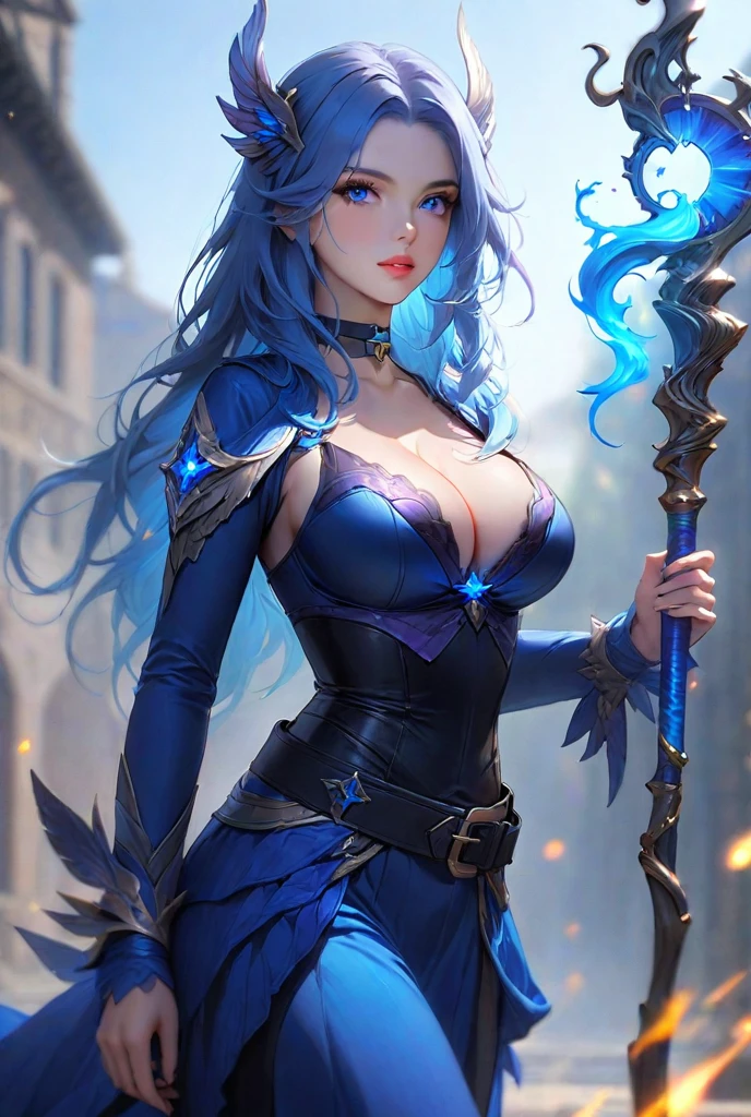 Woman in blue dress and blue tie, blue undergarments, cyan corset, costume with blue accents, upper torso included, Open V chest clothes, upper body avatar, hands behind her body pose!, short torso, mid body portrait, blue corset, wide torso, clear outfit design, inverted triangle body type --auto
