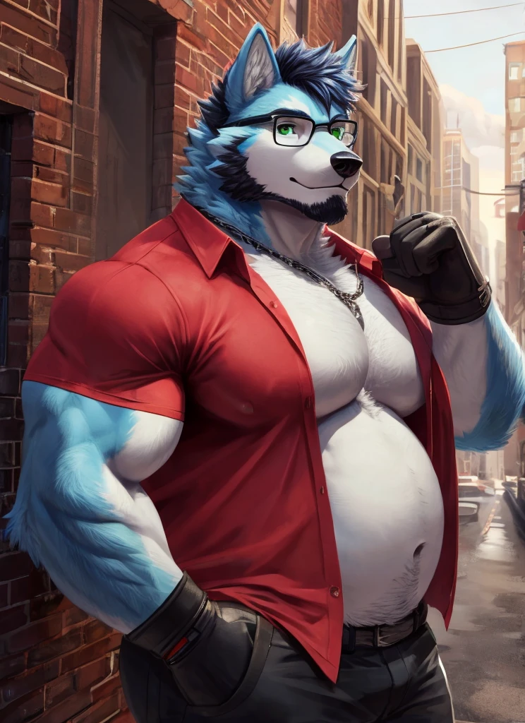 Male Husk(hh) shows off his body in nothing but pants on suspenders; massive large pectorals, bigger than head; massive bulge; smug expression; semirealistic 2D art; coloured
