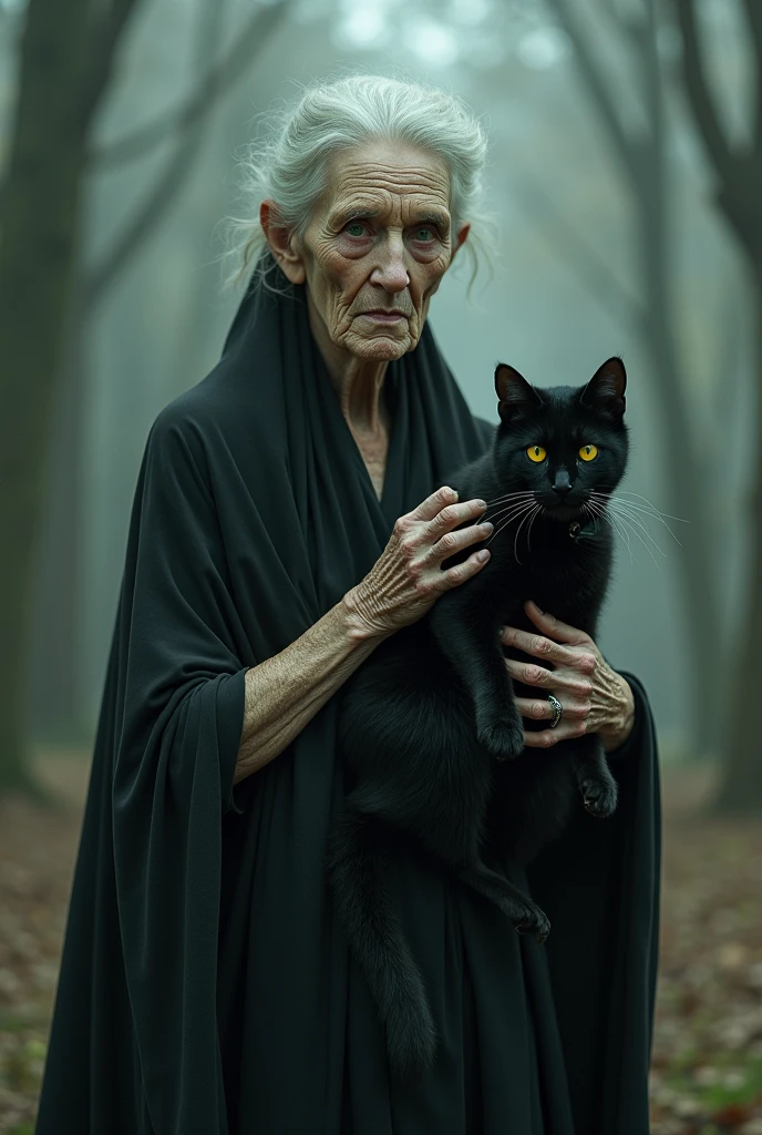 The portrait features an elderly witch draped in a black outfit, adorned with a whimsical cat face and a flowing black wig. Her deeply wrinkled skin and gaunt features convey a lifetime of arcane wisdom and dark magic. Her sharp, penetrating eyes, shadowed beneath heavy brows, radiate a menacing intensity. The black cloak, tattered and draped over her fragile frame, flutters as though stirred by unseen forces. Her gnarled hands, poised with a mystical staff, hint at her transformation into a werewolf, adding a layer of dark, supernatural power. The witch’s demeanor, a blend of Granny Weatherwax’s sternness and Maya Ali’s storm sorcerer elegance, captures a chilling yet captivating aura of ancient, formidable magic.