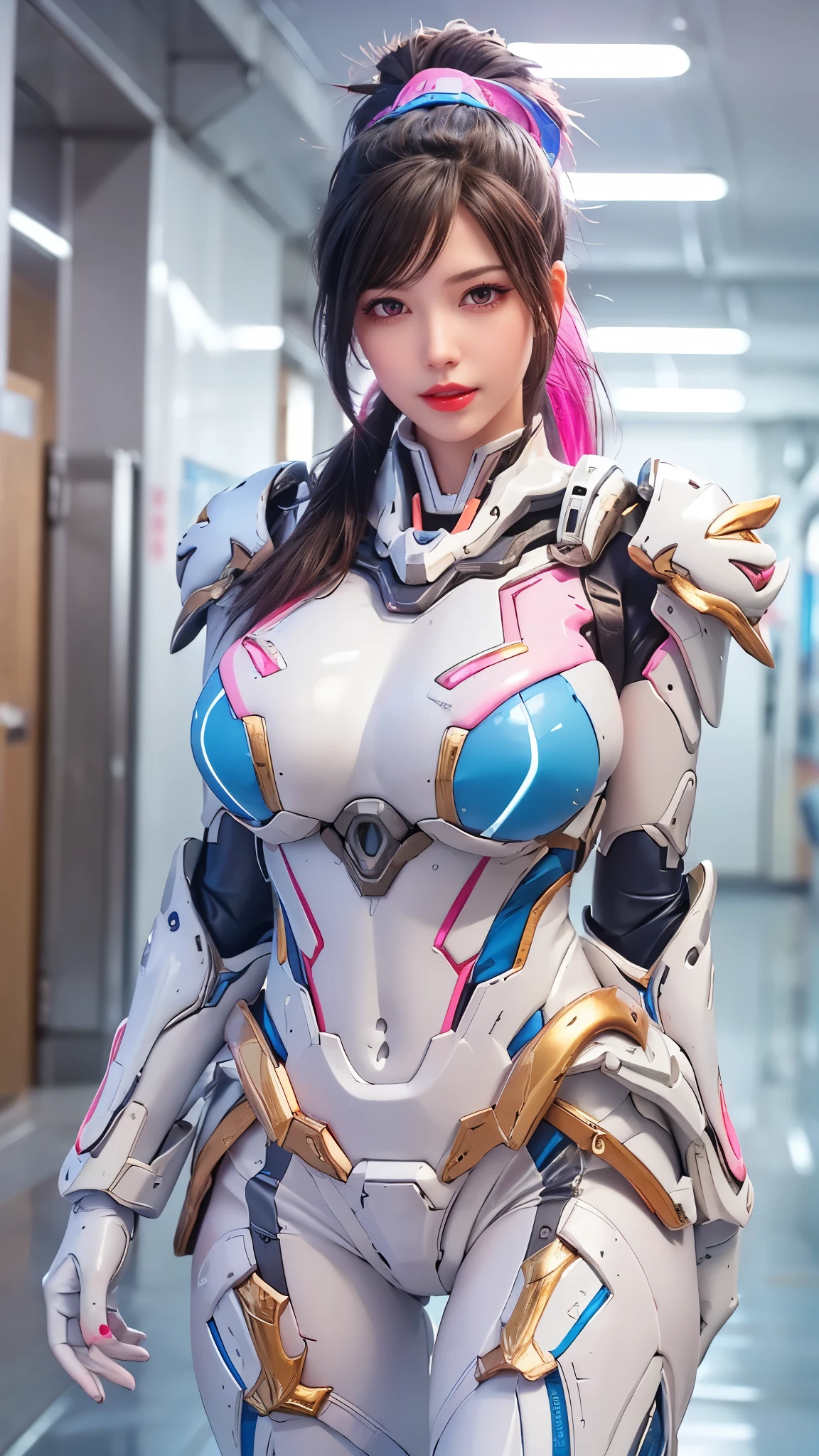 A woman, beautiful face,huge Breast, exposed breast, exposed nipples, perky nipples, big ass and breast, mecha cosplay, (white, pink, cyan). best quality, masterpiece, Ultra high detail, 8k