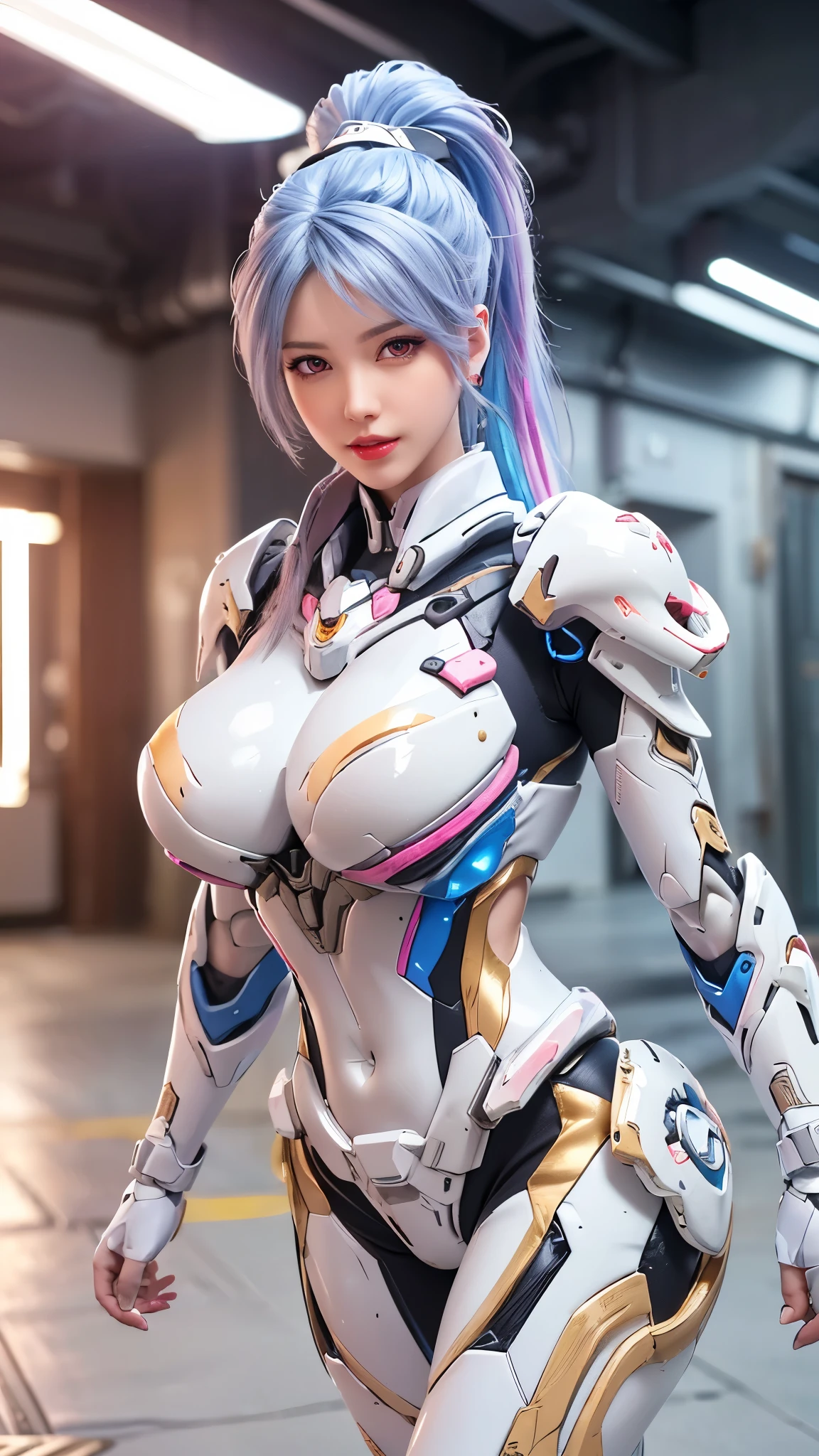 ((Intense action pose:1.6))、((Shining lenses on both breasts:1.3))、((Blue pillars of light are emanating from both chests.:1.3))、smile、((8K)), ((32k)), ((Highest quality)), ((masterpiece)), ((超A high resolution)), ((Tmasterpiece)), ((Halation:1.4))、((Mechaニカルheadgear:1.2))、((Cyber Headphones:1.3))、Fine skin, High quality fabric, Fine metal texture、((Beautiful and dense face))、RAW Photos、Professional, Ultra-fine painting, ((alone)), Beautiful breasts、Highest quality, Very detailed, Very detailed詳細, Finer details, so beautiful, ((Princess Knight Robot:1.2)),  (Joints of machines, Mechanical Limbs:1.3), (The internal structure of the machine is exposed:1.3), (Long silver hair:1.1), (Beautiful and huge mechanical breasts)、White Veil, cowboy_shot, Side Focus, headgear, Shiny、(Five Fingers, Four fingers and thumb),Concept Art, Anime fantasy artwork, Detailed fantasy art, (with pale blue-violet hair and large white wings,,,,,,,), (((Long silver hair))), (Mecha:1.6)、Sleek and intimidating design, ((Commander-in-Chief&#39;arm)), (Perfect robot body)、純白と青紫armまたは, Symmetrical wings, 8K high quality, detailed art, 3D rendering of character art in 8K, neat legs, Defined, Defined fingers,