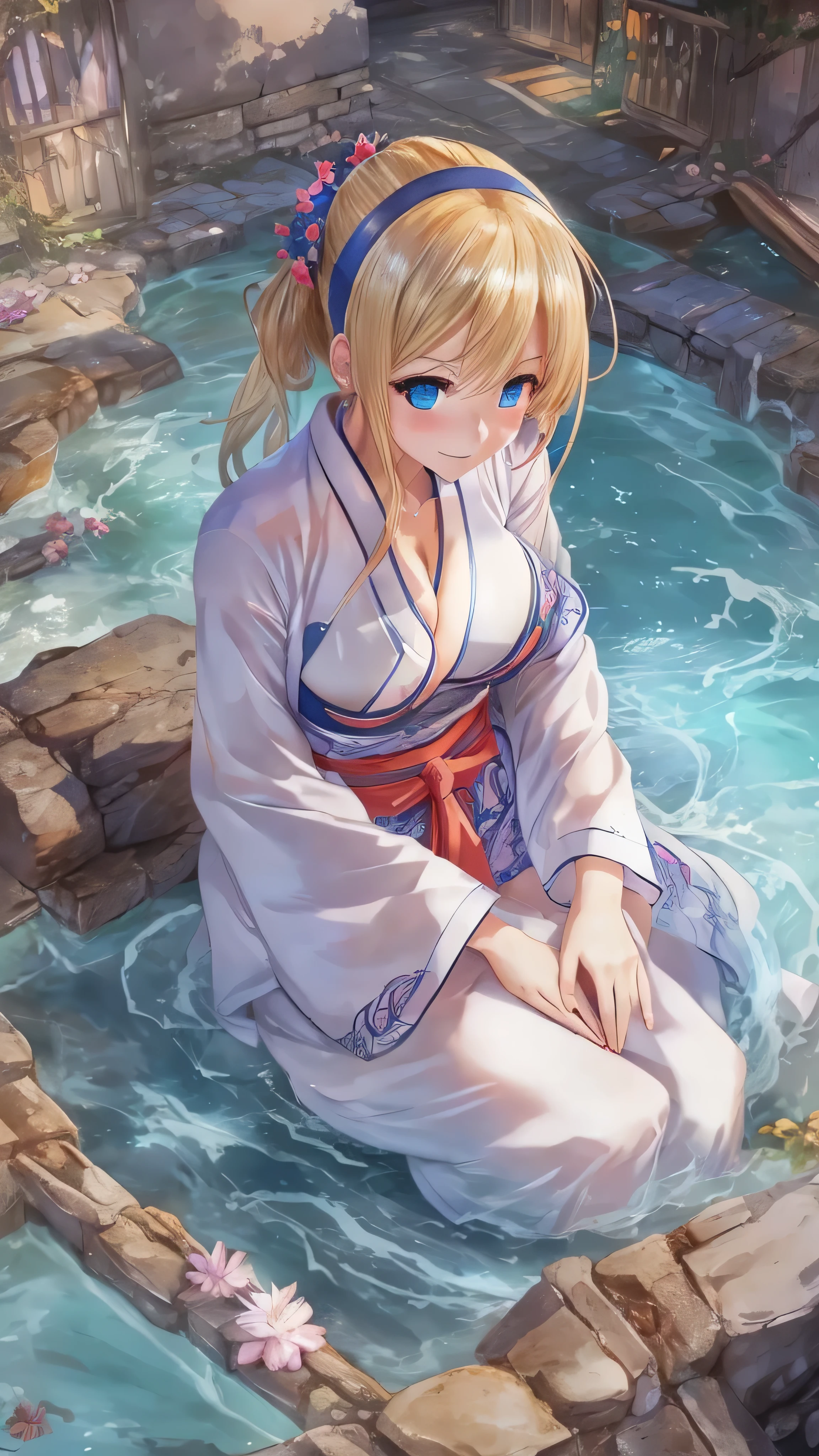 beatrixamerhauser, beatrix amerhauser, long hair, blue eyes, blonde hair,ponytail, (medium breast:1.2),
BREAK japanese clothes, kimono, yukata,cleavege,neckline,black choker,
BREAK looking at viewer,
BREAK outdoors, onsen,night,steam,wet,stars,starfall,hot water,
BREAK (masterpiece:1.2), best quality, high resolution, unity 8k wallpaper, (illustration:0.8), (beautiful detailed eyes:1.6), extremely detailed face, perfect lighting, extremely detailed CG, (perfect hands, perfect anatomy),from above,