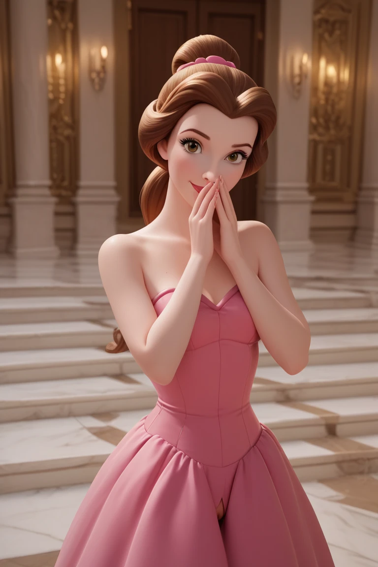 score_9, score_8_up, score_7_up, score_6_up, upper body view, BREAK Belle,1girl, solo, brown hair, hazel eyes, thin face, ponytail, Disney 3D render, standing on an elegant ballroom, minidress, (Princess Belle standing on a ballroom, Lifting up her dress mischievously to show her pussy, smiling covering her mouth, modeling in a very sexy pose, looking with a sexy expresion at viewer)