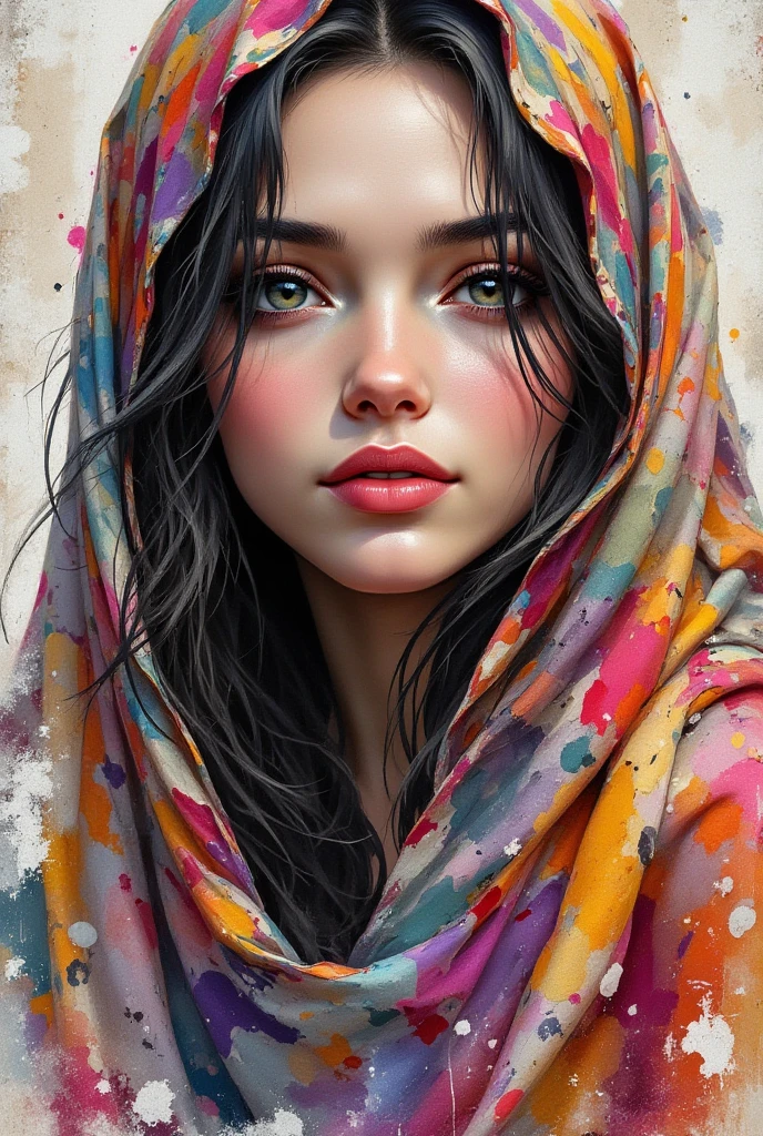 Half-length portrait of a young woman with veils covering her head, soft melancholic smile, vivid image of multiple layers, very watercolor and colored pencils, vivid and saturated colors, imitating Conrad Roset and Paul Klee and Gil Elvgren, hyper-detailed illustration, background textured, fluidity