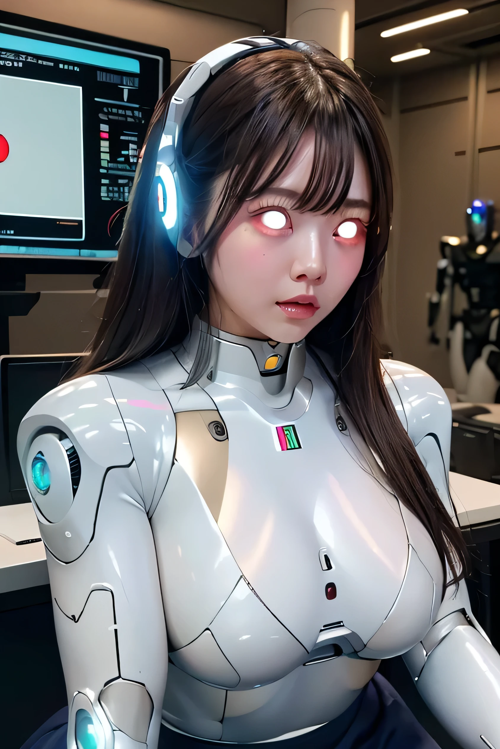 masterpiece, Best Quality, Very detailed, Japanese Android girl,Plump,Chubby,Control Panel,robot arms,robot,Android,cyborg,white robot body,Ceramic body,perfect robot girl,long hair,brown hair,robot repair plant,skirt,shirome,Office Lady,(Glowing Eyes Meme:1.2)