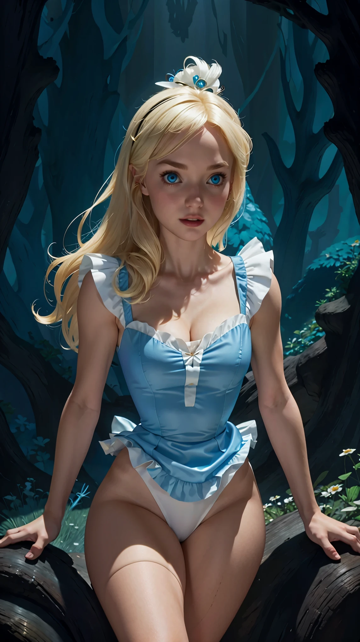 Alice Wonderland, Short transparent blue dress , showing panties, Masterpiece, Best Quality, Large breasts, Blue eyes, Blonde Hair, Looking at viewer,