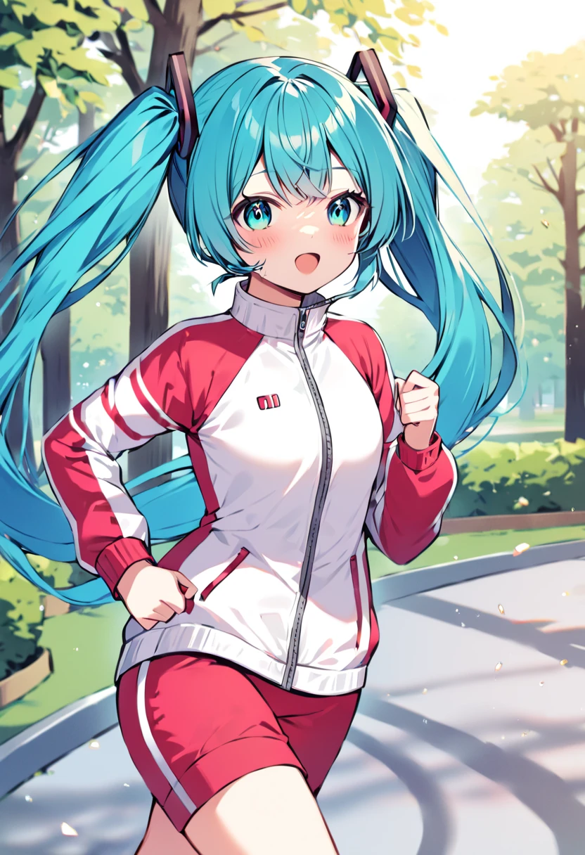 masterpiece,best quality,highres,ultra-detailed,aakobo,two-tone hair,liquid hair,long hair,bangs,earrings,piercing,<lora:kobo_kanaeru:0.9>,sports bra,(leggings:1.2),outdoors,cherry blossoms,smile,sweat,running,ponytail,
