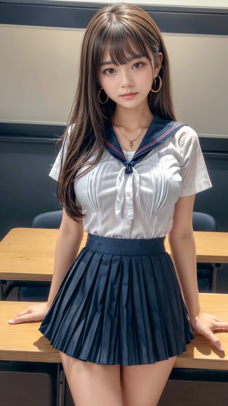 (8k, RAW photo, photorealistic:1.25) ,( lipgloss, eyelashes, gloss-face, glossy skin, best quality, ultra highres, depth of field, chromatic aberration, caustics, Broad lighting, natural shading,Kpop idol) looking at viewer with a serene and goddess-like happiness, highschool classroom, sailor uniform, mini skirt