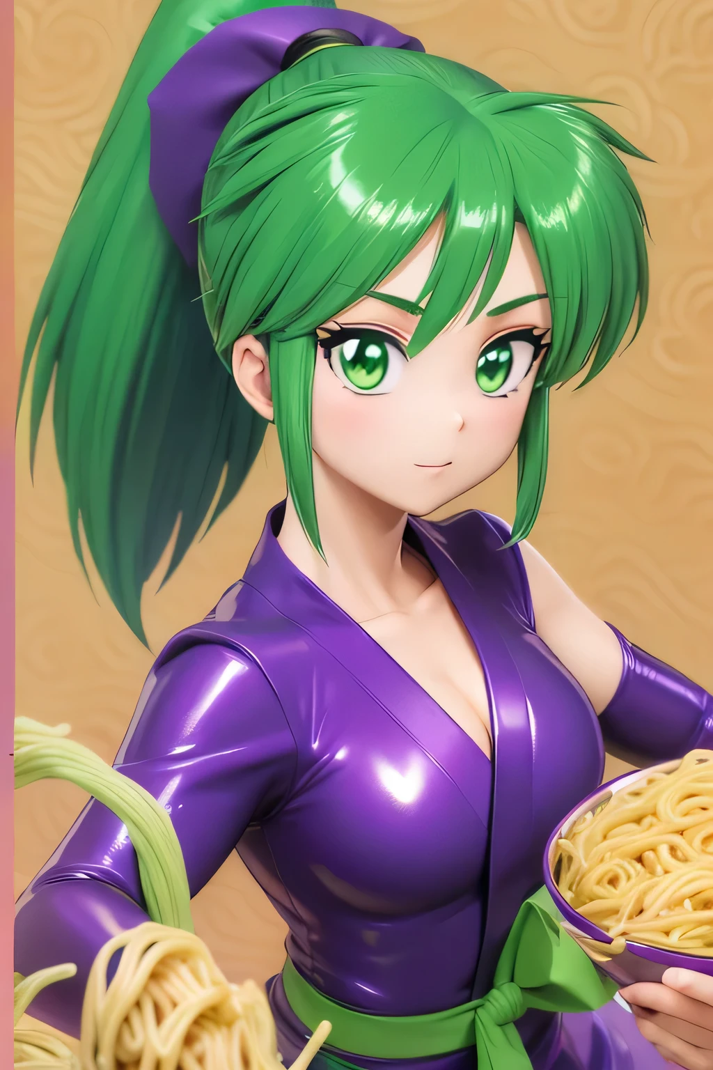  Perfect 　 best quality , Highest Resolution ,(((Shiny green hair　 ponytail on noodles　Shiny Purple Ninja Costume　)))　Yae-chan　Age 15　 girl