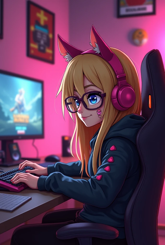Gamer girl with long blonde hair,glasses, tattoos, septum ring, pink cat ear headset, cozy attire, bandaid on nose, in a pink and black gaming room set up with PC, gaming posters on the walls, playing Lethal Company on Steam animated