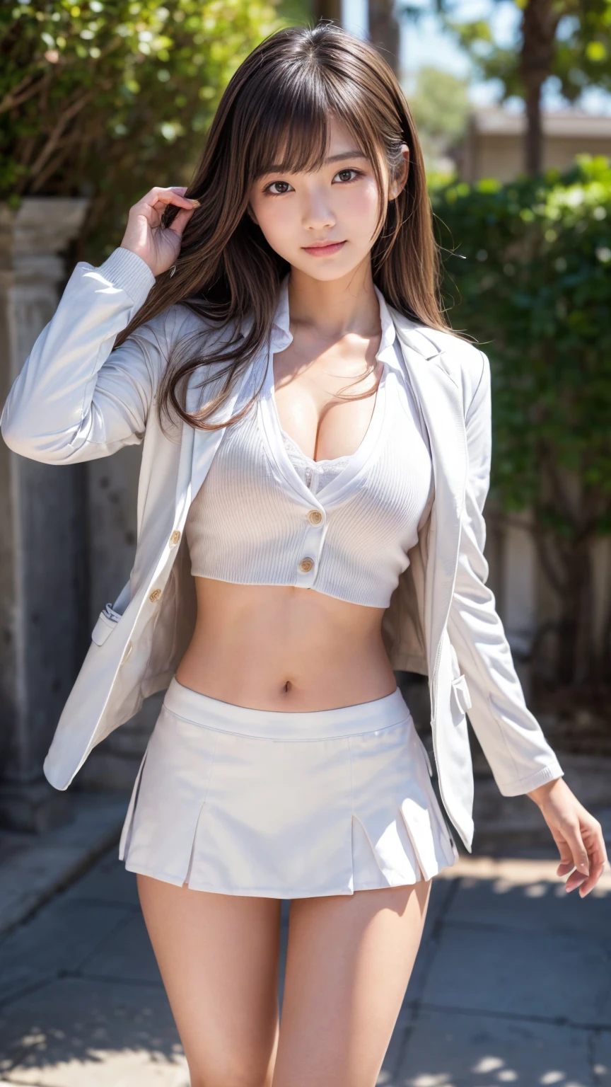 (Maste Piece:1.3), (8K, Photorealistic, Raw photography, Best Quality: 1.4), japanease, Beautiful face, (Lifelike face), (Medium hair:1.3), Realistic eyes, Beautiful eyes, (realskin), Beautiful skin, Ultra high definition, Hyper-realistic, Hi-Def, Beautiful Japan Woman、Navy suit、White Business Shirt、grn、trousers、from frontal、large 、in-house、(Stick out your chest:1.2)、Hands on hips、a smile、
