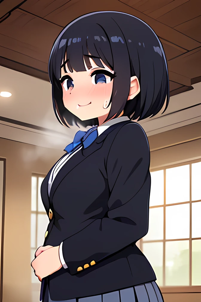 ((( High Quality , high definition ,))),(Woman Coming Home ), adult female ,iris, soft lips ,,iris, Dark Eyes,( small eyes ),( Slanted Eyes ), black hair ,((( short hair))),((open your mouth:1.5)),(( chubby)),((( big size))),(( rough breathing)),blue blazer blue bow, gray pleated skirt ,((( sexy smile))),(((Estrus:1.4)),(((sweating))), indoor,upper body,