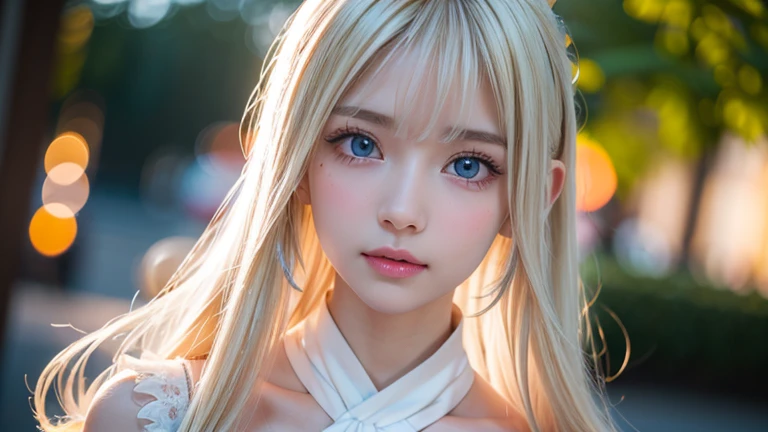 bright look、photorealism、highest quality、Super high resolution、picture、Photo of an exquisitely beautiful Scandinavian girl、extraordinary beautiful girl、cute and beautiful face details、(Pueros face_v1:0.008)、beautiful bangs、alice in wonderland、18-year-old、Shining white skin、hair run that extends to the face、bangs between the eyes、super long hair、Attractive light and dark platinum blonde super long straight silky hair、thin hair、Charming shining beautiful bright clear light blue big eyes、white apron、yellow dress、eyeliner、double eyelid、rich bust