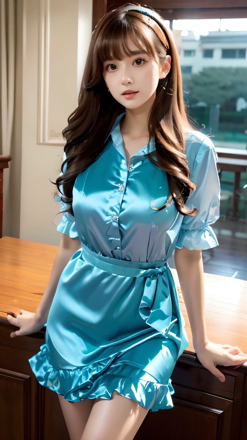 detailed background, masterpiece, best quality, 1 person , curly hair, long hair, purple eyes, star in eye , green Strapless blouse, long skirt
