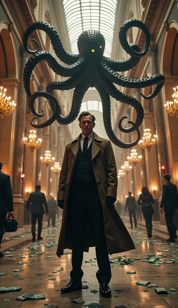 H.P. Lovecraft stands inside a darkened study. Lovecraft faces the camera as Cthulhu looms behind him. Cthulhu is a cross of a dragon, a squid, and a human. Cthulhu is monstrously large, green, and slimy. Cthulhu has a tentacled face with large glowing red eyes. Lovecraftian ambiance. Excellent details. Symmetrical eyes. Symmetrical faces. Photorealistic. Full-colored photo. Professional photo. Highly detailed 8K.