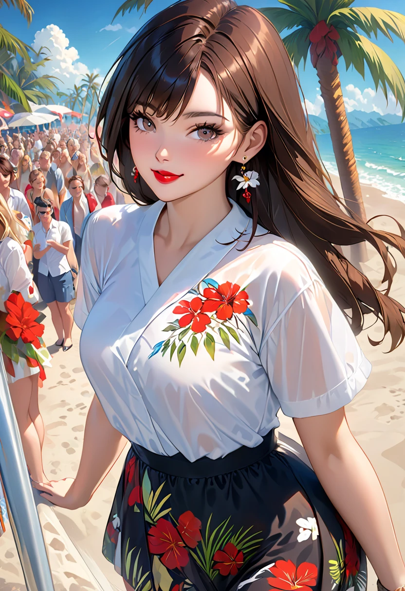 Alone,  full body, earrings,  eyelash ,  pantyhose,, ( Beach ,( palm tree ),crowd,( white shirt),  floral print, red lips), sexy and inspiring smiles,, (  Shiny Skin :1.05),(:0.9),( skindentation :1.15), realistic, Masterpiece,  best quality ,  high resolution,  is ridiculous, ( PERFECT FACE:1.1), ( sharp concentration:1.1),,   trending ,  trending at CGSociety ,  complicated,  high detail,  sharp concentration, dramatic,