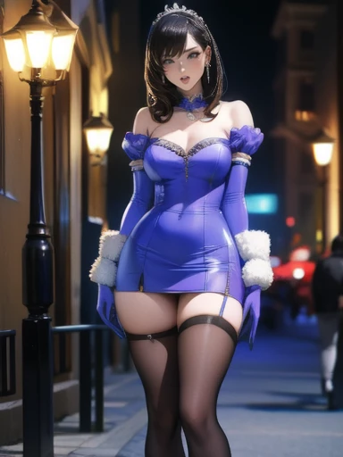 ((((ultra illustrated style:1.0)))),best quality,best animated,masterpiece,ray tracing, global illumination,hanntoumeibani, 1girl, solo, large breasts, cleavage, white thighhighs, white gloves, looking at viewer, bangs,outdoor,full body,standing,white high heels,rabbit ears, fake animal ears, <lora:hanntoumeibani:0.8>