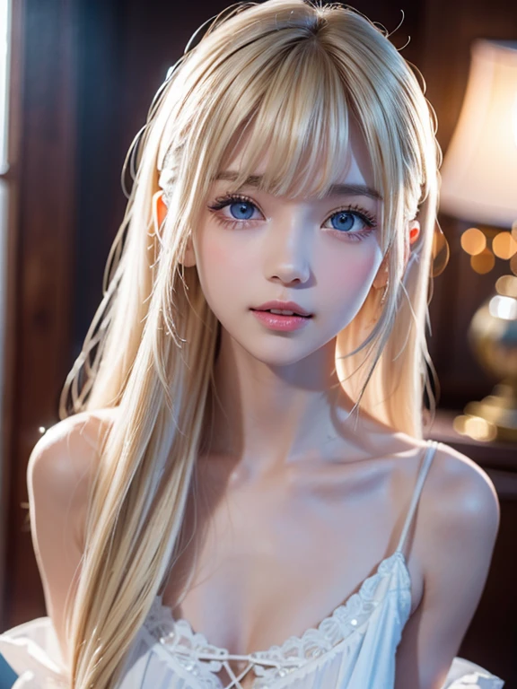 The most beautiful bright blonde hair in the world、bright expression、Beautiful bangs、Super long straight hair、Beautiful clear bright light blue eyes、Transparent white and wet nightgown、European youth、perfect bodies、ultimate beauty girl、Perfect beauty、The cutest face in the world、The most beautiful 14-year-old in the world、White shiny skin、Perfect beautiful face、Bright makeup、Thin pink lips、1 girl in、Unbuttoned shirt、lipsticks、deceptive advertising、{steams}、Viewer Vision、Golden Hour Lighting、comic strip、Bokeh atmosphere perspective、detaileds、Movie Light、intricate-detail、hight resolution、 Detailed features of face design、High Details、Clear focus、SMOOTHNESS、aesthetics、High Details、printed、octane、{{masterpiece}}