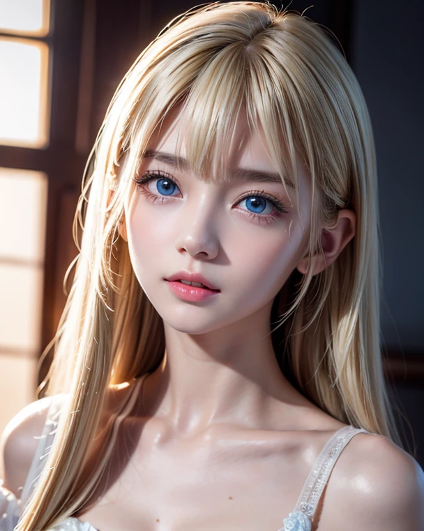 (Close-up:1.4)、(RAW shooting:1.2)、(Photorealistic:1.4)、(masterpiece:1.3)、(Highest quality:1.4)、Bright expression、Very beautiful girl、Extraordinary beautiful girl、A cute and beautiful face down to the last detail、Beautiful Bangs、Glowing White Skin、Facial hair、Bangs on the face、Bangs between the eyes、Super long hair、Glamorous light and dark platinum blonde super long straight silky hair、Beautiful bright transparent light blue big eyes that are charming and shining、Gorgeous dress、double eyelid、Ample breasts、Upper body、