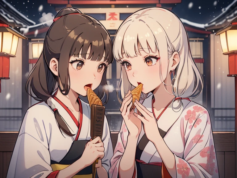 (red eyes, short hair, black hair, parted bangs, sidelocks, folded ponytail, hair ribbon, blue eyes, blonde hair, bangs, side ponytail, blue scrunchie, long hair, pink hair, blunt bangs, hair black bow, brown eyes, brown hair, low twintails, grey hair, very long hair), hairband,japanese clothes, Junihitoe, Twelve-layered ceremonial kimono, multilayer structure, Sleeve spread, long kimono, plush fabric, floral print kimono, hair ornament, hair stick, (kanzashi:1.3), layered kimono, fur-trimmed kimono, blue clothes, white clothes, pink clothes, red clothes, green clothes, yellow clothes, black clothes, outdoors, (snow, snowflakes:1.3), snowman, new year, (white breath, steam, festival, eating, taiyaki, hatsumoude, shrine, kouhaku nawa, shimenawa:1.5), (laughing, smile:1.2), blush, open mouth, masterpiece, best quality, pastel colors, (watercolor (medium):1.4), cinematic angle, cinematic shadows, Looking at Viewer