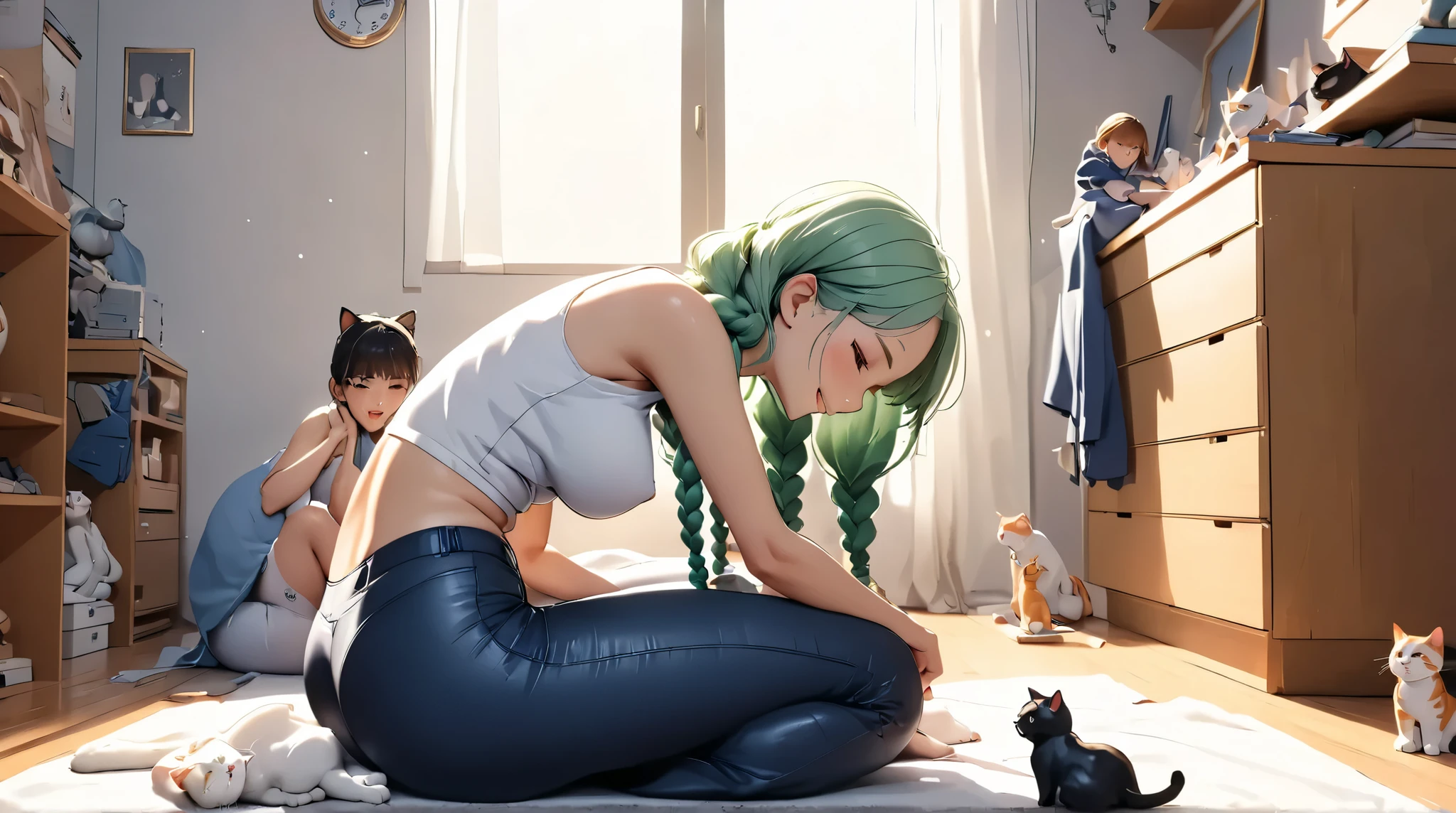 perfect anatomy , Complicates , God equals , UHD, (( masterpiece, best quality)), 8k, girl 18 years , standing in the ren's room , trying to put on her pants that are too tight , sexy body , Figure emphasized , light green hair , 2 braids, laugh, 1 cat sits on the ground and watches