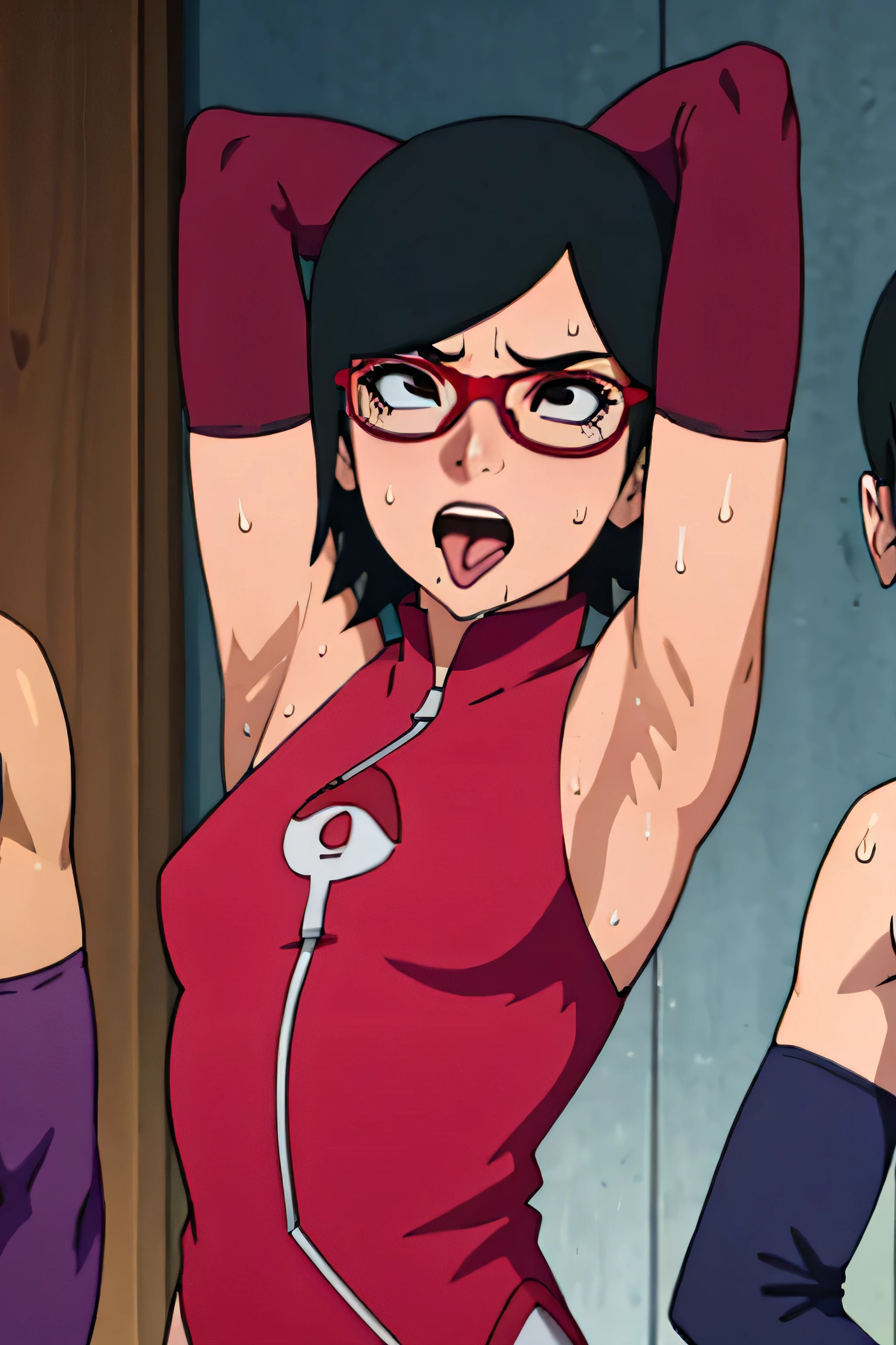 Sarada Uchiha,human woman with tanned skin. She is a 1 ager with black eyes and red clothing. Her hair is black in color; She is beautiful.Wearing red rimmed glasses.Tsundere face. Pink eye shading,mature appearance,armpits,sweat,sweaty,sweaty armpits,arms up,showing armpits,awesome armpits,outfit,blackish red arm warmers,maroon arm bands,maroon arm warmers,showing tongue,tongue out
