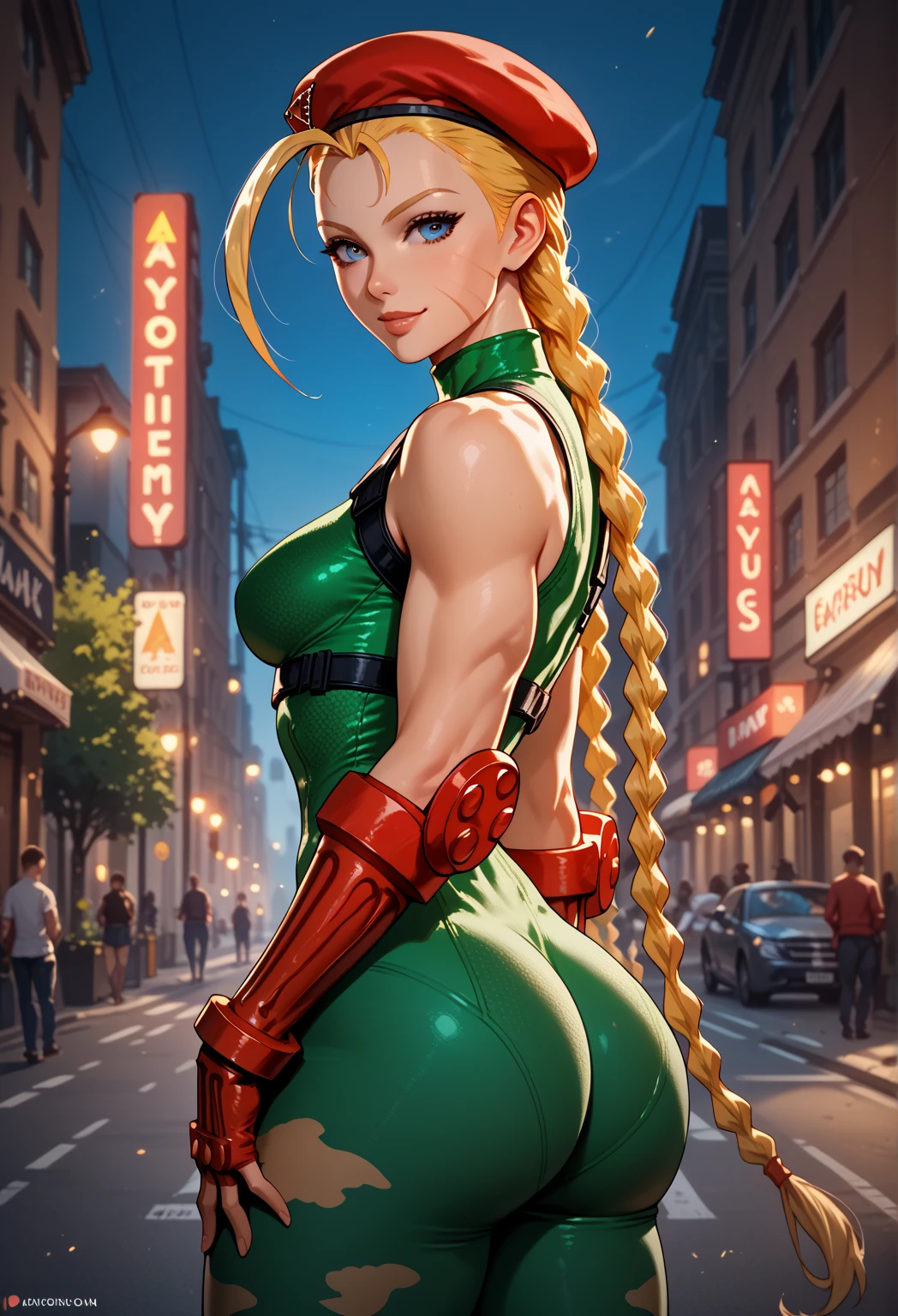 masterpiece, best quality, highres, 1girl, cammy white, twin braids, long hair, blonde hair, antenna hair, beret, (red headwear:1.3), blue eyes, scar on cheek, green leotard, large breasts, sleeveless, red gloves, fingerless gloves, camouflage, cowboy shot, standing, outdoors, arms at sides, straight-on,
