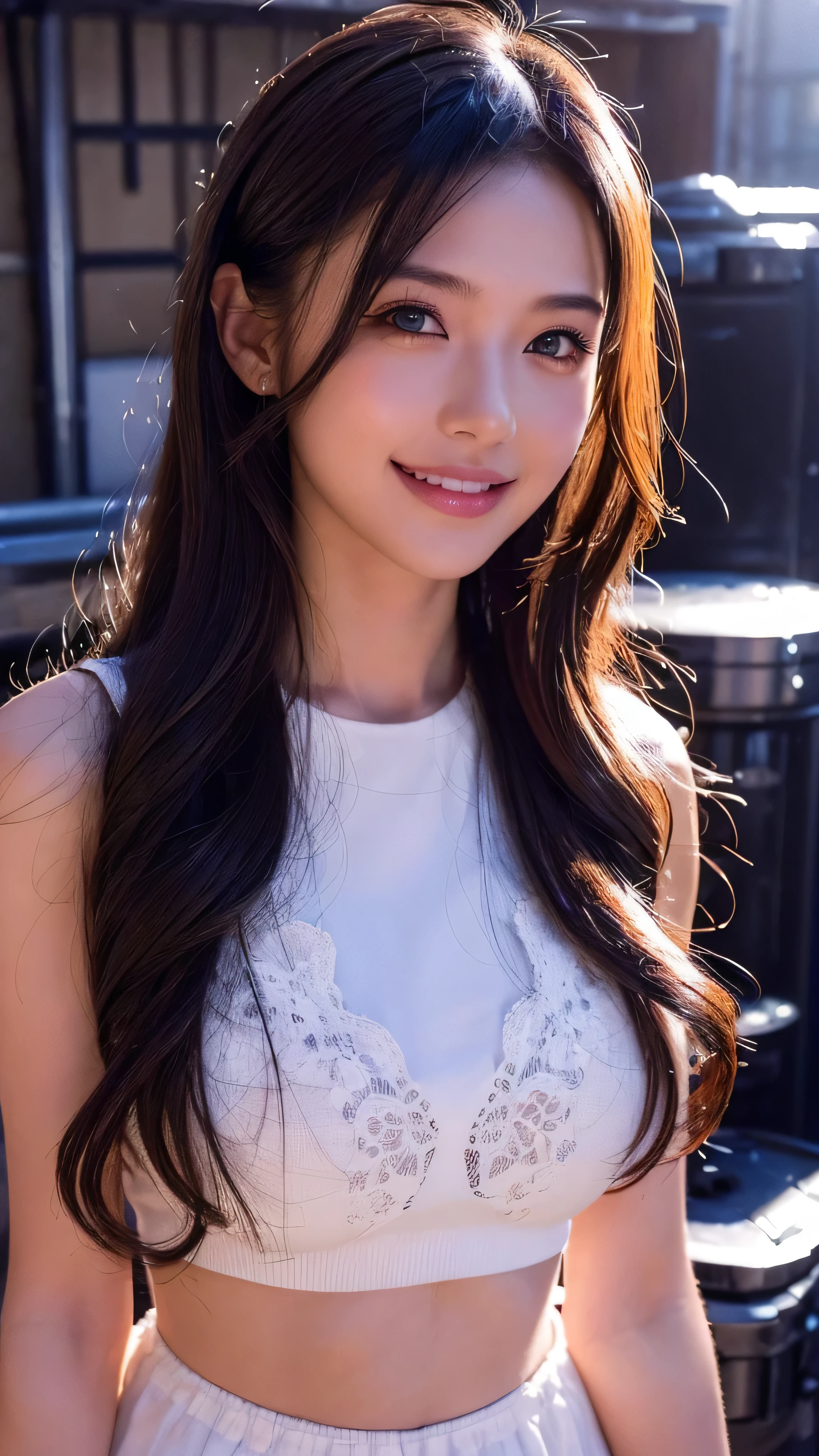 ( RAW photo :1.2), ( photorealistic :1.4),(Masterpiece:1.3),( top quality :1.4), I'm in front of the machine room in super high resolution, high definition ,8k, ( Highly Detailed Illustration ), 1 girl, detailed beautiful face , young girl, long curl hair,smile,Alone, watch viewers,Background Clear,( shiny lips on the beach ), teeth , natural light,( Clear silhouette ), Urzang-6500-V1 .1:0.7