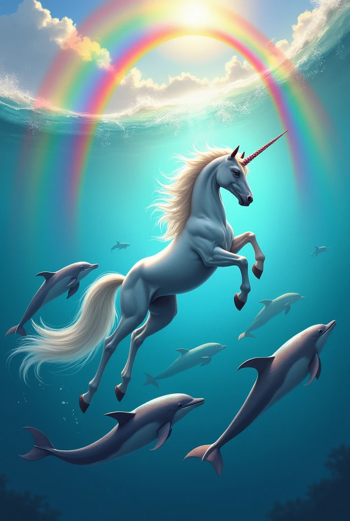 I want an image in tiktok format that looks like a mix of a unicorn and a dolphin in the sea and that there are more dolphins in the background and a rainbow can be seen in the sea. The design should look aero retro.