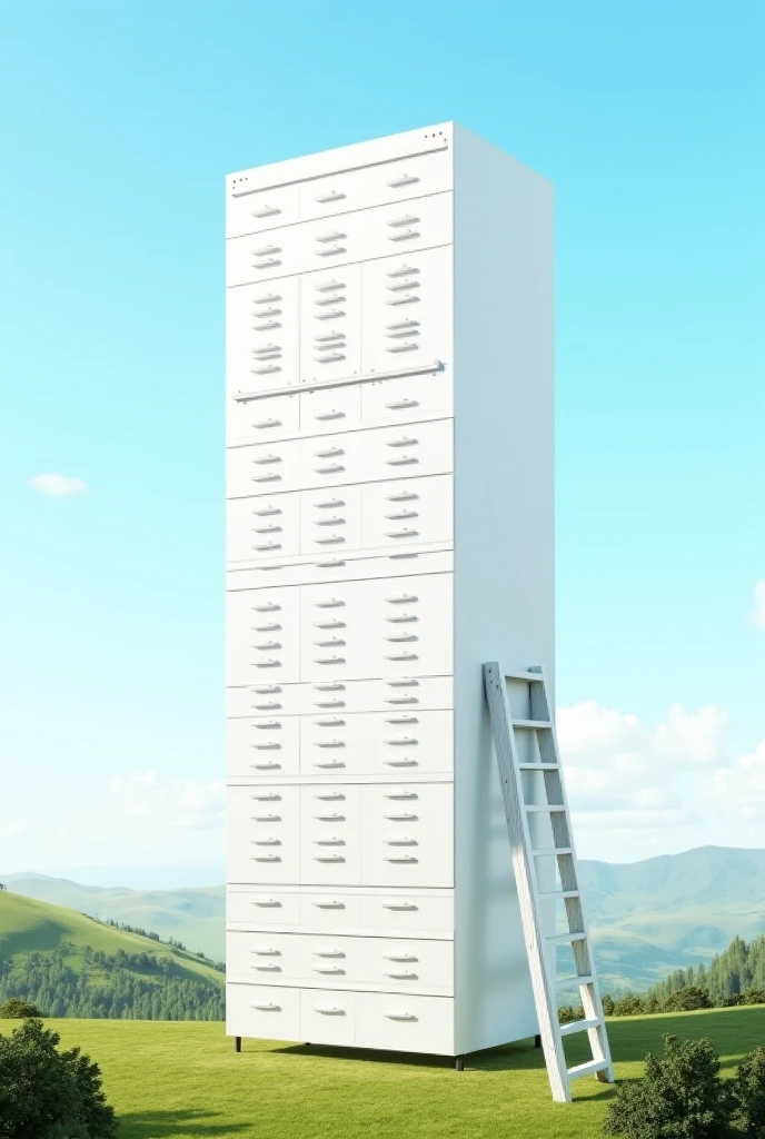 Natural landscape with very tall white furniture with many drawers placed on the ground that reaches the clouds and a straight staircase leaning against this piece of furniture on the right side