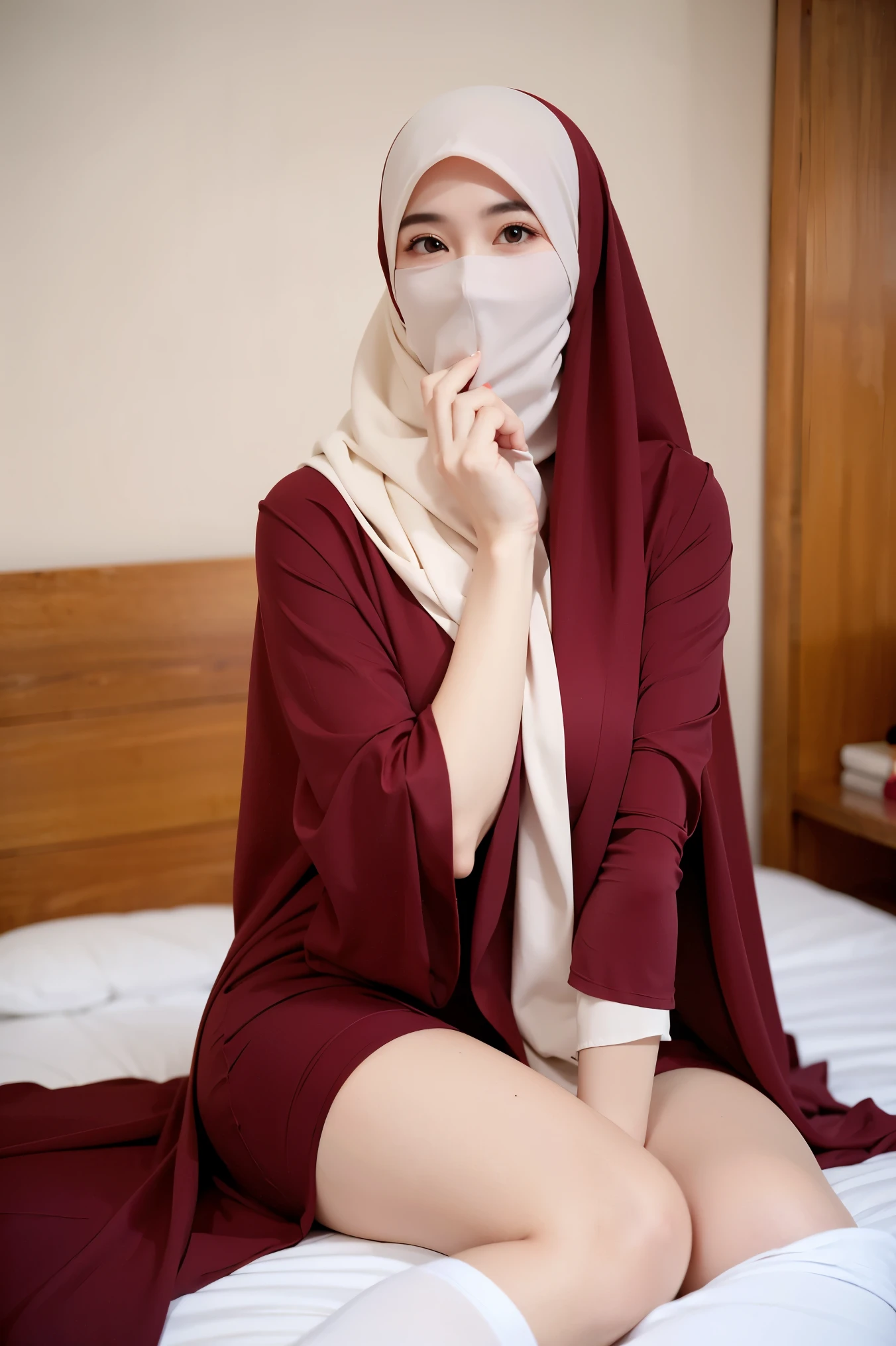 a beautiful young woman hijab, (((super big breast))), (very big breast covered) perfect face, (((very huge big breast,))), ((( Big Breast))) taut crimson satin micro dress muslim, (((covering mouth, taut veil))), Slim Face、20 years old, stil young, Pretty Lady, smile eyes, sleep in bedroom, stand up, (big breast covered) , see full image. thigh leg leg. Hourglass body