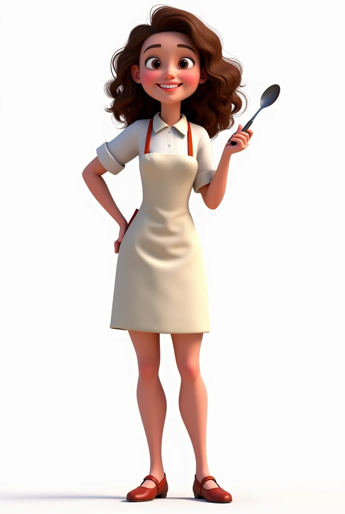 Image of a woman , 3D Pixar with full body cook clothing showing feet with shoes, curly brown hair , holding spoon and white background .