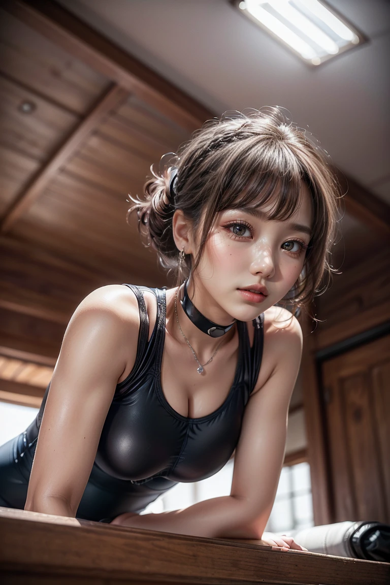 ((a tall and slender woman from Russia squatting on the bed of the dark hotel room directly above the camera)), ((black hair braided into two braids)), ((big brown eyes)), (black sheath dress), extremely detailed, 8yk, raw photo, high level of detail, (ray tracing), (masterpiece), (best quality), high resolution, (realistic: 1.4), physically based representation, ultra-realistic, full body, natural light, double eyelids, ((detailed realistic face and eyes)), cinematic lighting, 8K resolution, (model shooting style), ((small round breasts)), (natural skin texture), ((perspective from bottom directly up)), ((small round butt), (firm butt)
