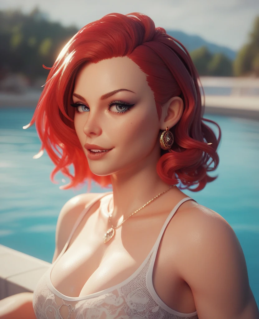 cinematic photo, joanna dark, short hair, red hair, blonde hair, blue eyes, false lashes, cat eye liner, mujer, realista, a woman Shot putwearing a sexy swimsuit taking a bath inside an outdoor jacuzzi, de buen tono, 35mm photography, movie, bokeh, profesional, 4k, muy detallado, chilling, inside a black luxury jacuzzi, bathing, wet, wet body, outdoor jacuzzi, luxury mansion in Los Angeles, modern mansion porch, at night, closeup, close up, de cerca, bokeh
