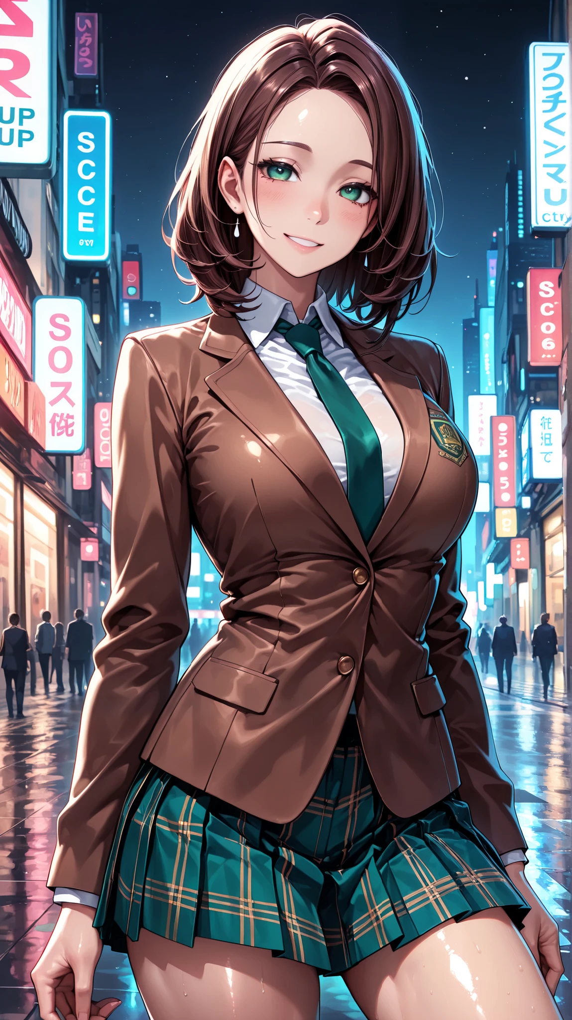 masterpiece, best quality, vibrant, very aesthetic, high contrast, anime style, semirealistic, newest, shiny skin,slender, cinematic-lightning, Enhance colors to maximum saturation, cowboy shot, high contrast, 1girl, detailed eyes, green eyes, slightly smile, half open mouth, detailed medium hair, dark brown silky hair, forehead, sliced back hair, contrapposto, Captivating thighs, uniform, brown blazers, Green tie, Plaid Pleated Skirt, rainy cyber city, at night