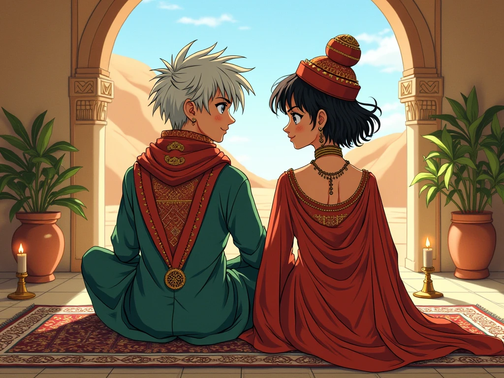 Une image dessinée dans laquelle se trouvent le personnage Killua du dessin animé Sniper et Chichi du dessin animé Dragonball, portant des vêtements marocains et assis