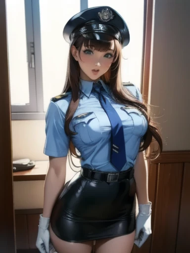 Female police officer uniform, Light blue short sleeve shirt, Navy tie,Ass from the back, panty shot, High Waist Mini Skirt,Panties dig into the buttocks, holster, White gloves, Police hat, handcuffs, Absurd, RAW Photos, Very delicate and beautiful, masterpiece, highest quality, Ultra-high resolution, 32k, Surreal, Super detailed, Milky skin, 20-year-old, Earrings, Wavy Hair, Full Body Shot, Black Hair, Deep Purple Eyes,