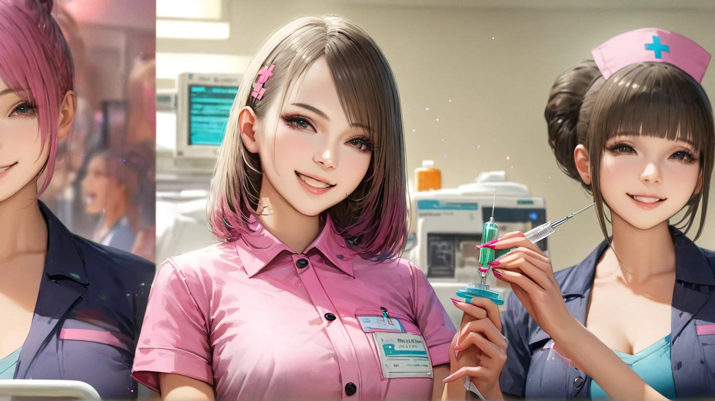 hospital, nurse, Having an injection, Blur the background,smile,Glitter effect,Highest quality, 8K, High resolution, masterpiece:1.2, Very detailed, Realistic:1.37, High resolution, 超High resolution, Ultra-fine painting, Very detailed, Professional, Vibrant colors