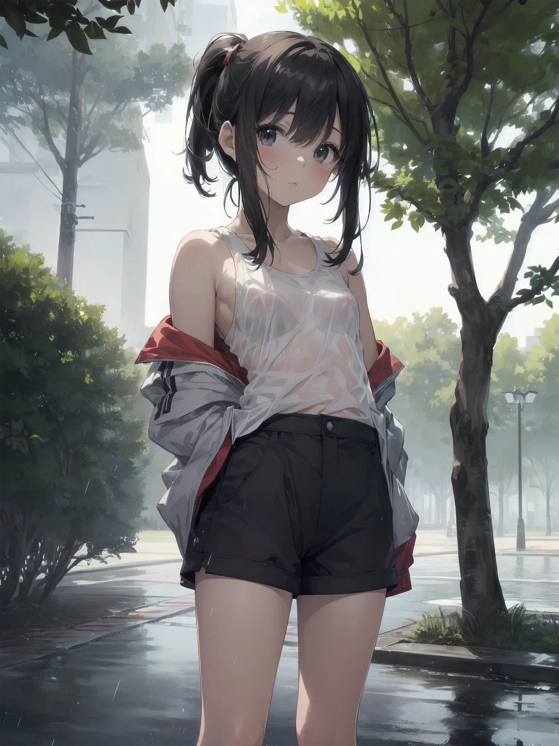 ((NSFW,of the highest quality,Shinkai Makoto style, Ultra-detailed,High resolution,Best Anime 8K Konachan Wallpapers,Pixiv Contest Winner,Perfect Anatomy,super detailed skin,Cinematic lighting)),BREAK,1girl is a cute tomboy,(( face,11 y)),a junior high school student, Ponytail,Full limbs,complete fingers,flat chest, Small butt,Androgynousraction, Small eyes,Beautiful detailed black eyes,groin,Clothes wet in the rain,((Tank top,Shorts:1.2),Wet,(Nipples are visible), At a rural bus stop at night with no one around,BREAK,((High resolution,super detailed skin, The best lighting by professional artists, 8K Illustration)),