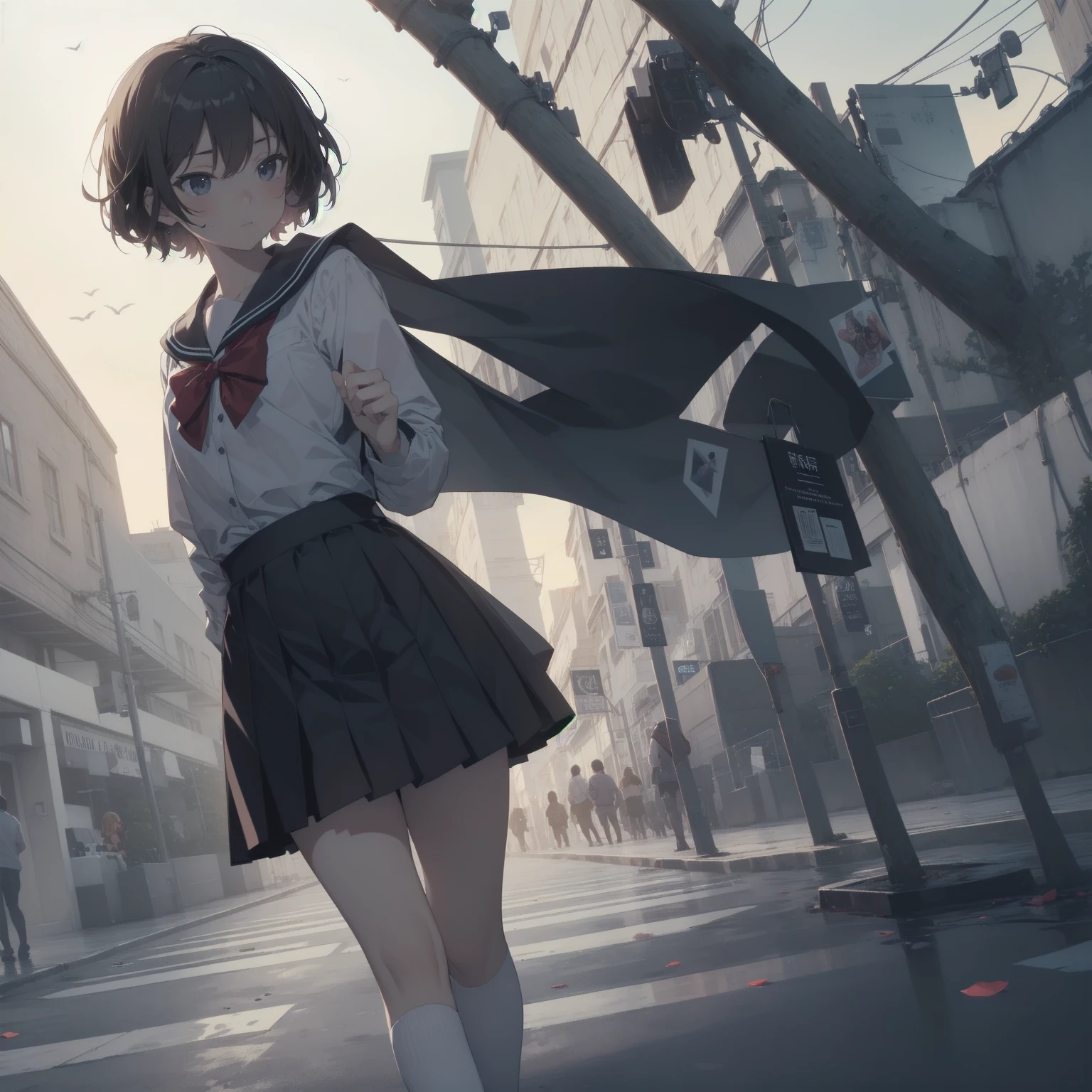 ultra-absurdres-Top quality by artist God, ultra-detailed, high resolution, anime moe artstyle, best anime 8k konachan wallpaper, pixiv contest winner, pool:2810, perfect anatomy,break, 1girl, (Please draw a girl walking sleepily to school alone. )break,(Solo,little female, 13-year-old:1.3),Full limbs, complete fingers,a junior high school student, (very short hair), short cut, flat chest, , small butt, small black eyes, beautiful detailed eyes, well-proportioned iris and pupils, expressive eyes, highres detailed hair, soft expression, salor school_uniform, sailor collar, serahuku, bow, pleated skirt,(Detailed Lighting), (Detailed background), in the School commute route. break,super detailed skin, Best cinematic lighting powered by famous artist, 8k,beauty illustration,photoshop_(medium),very aesthetic,break,((artist:avogado6 )), artist:clamp ,artist:carnelian ,artist:kantoku ,
